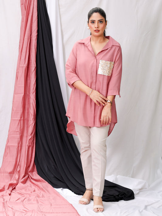 Peach Pink Silk Embellished Shirt