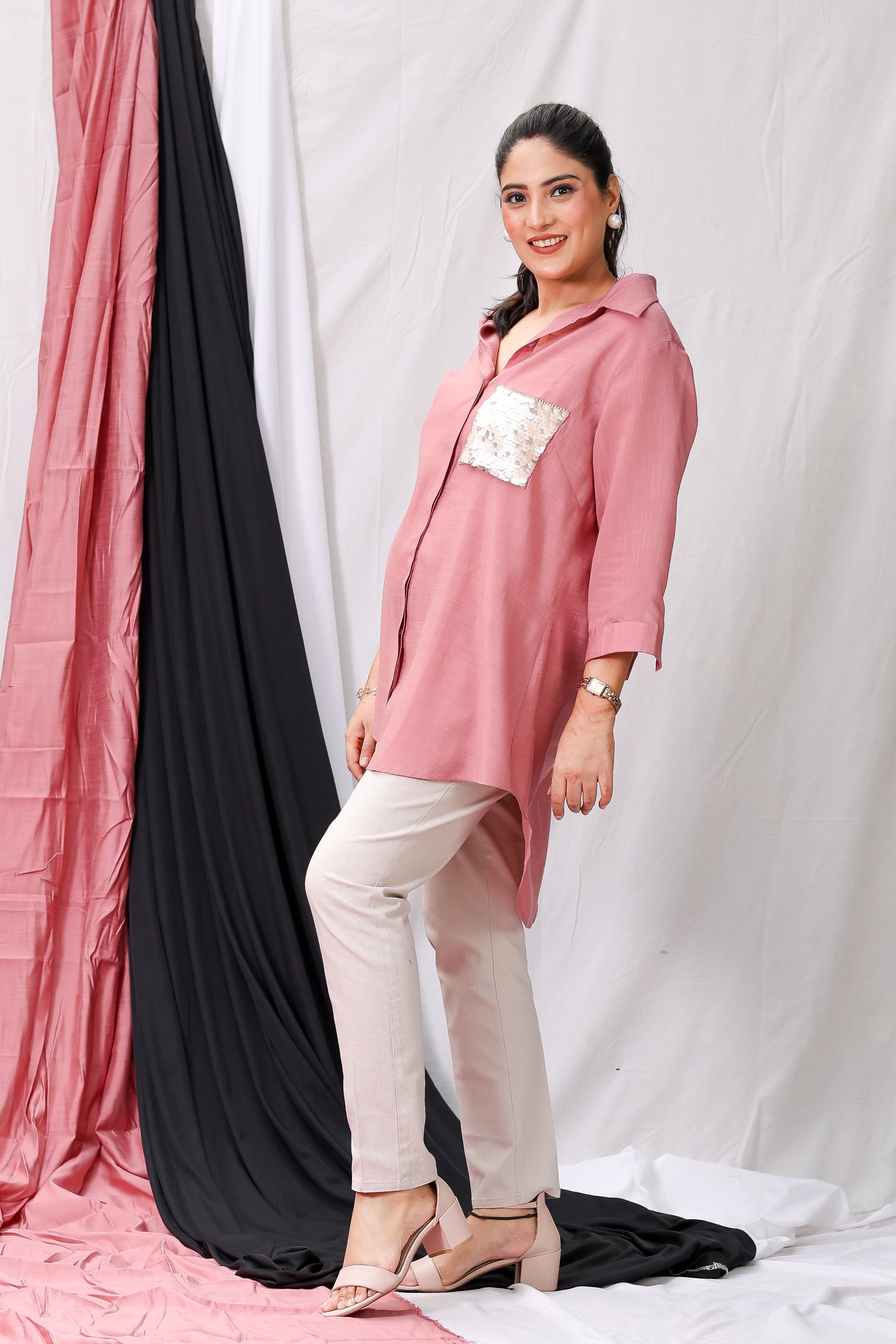 Peach Pink Silk Embellished Shirt