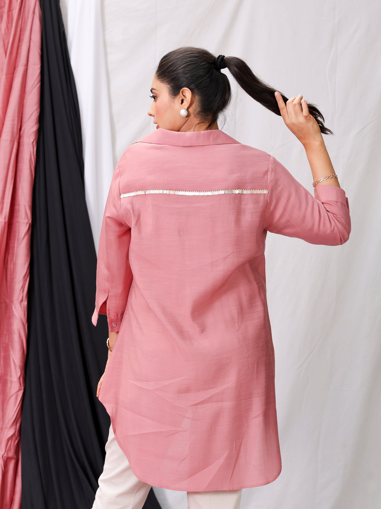 Peach Pink Silk Embellished Shirt