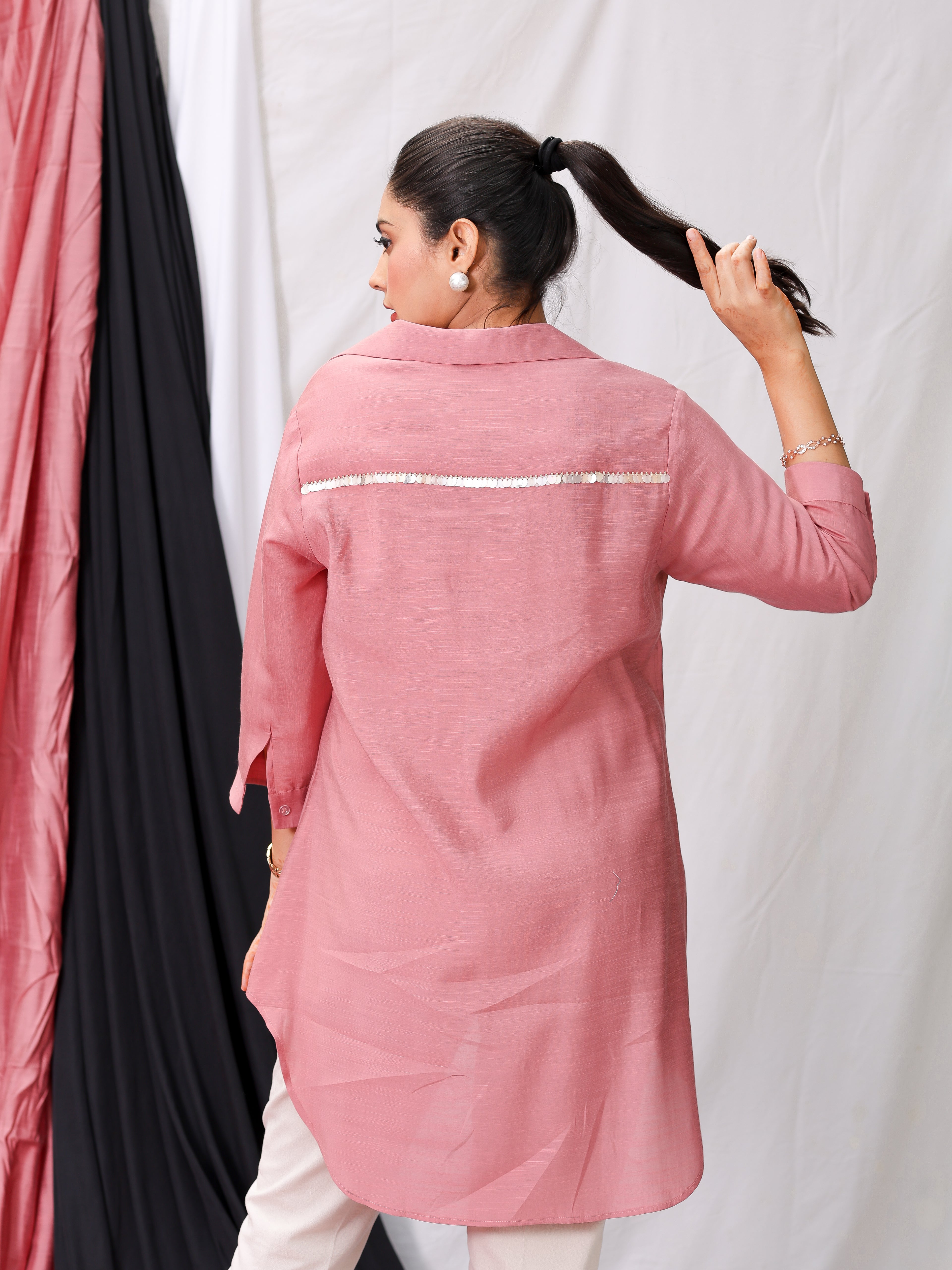 Peach Pink Silk Embellished Shirt