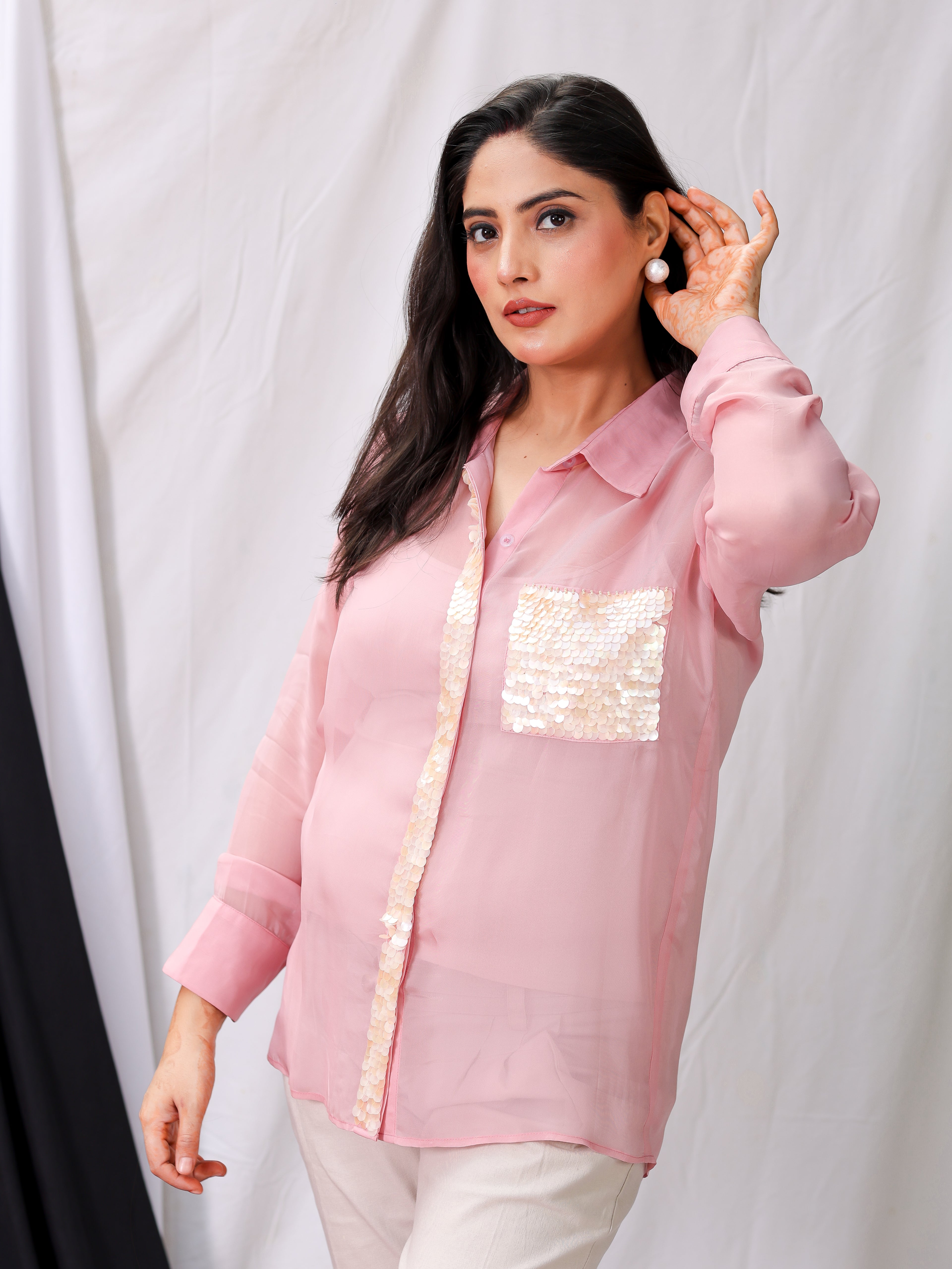 Rose Pink Organza Sequined Shirt