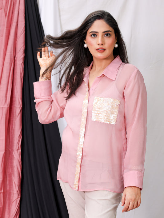Rose Pink Organza Sequined Shirt