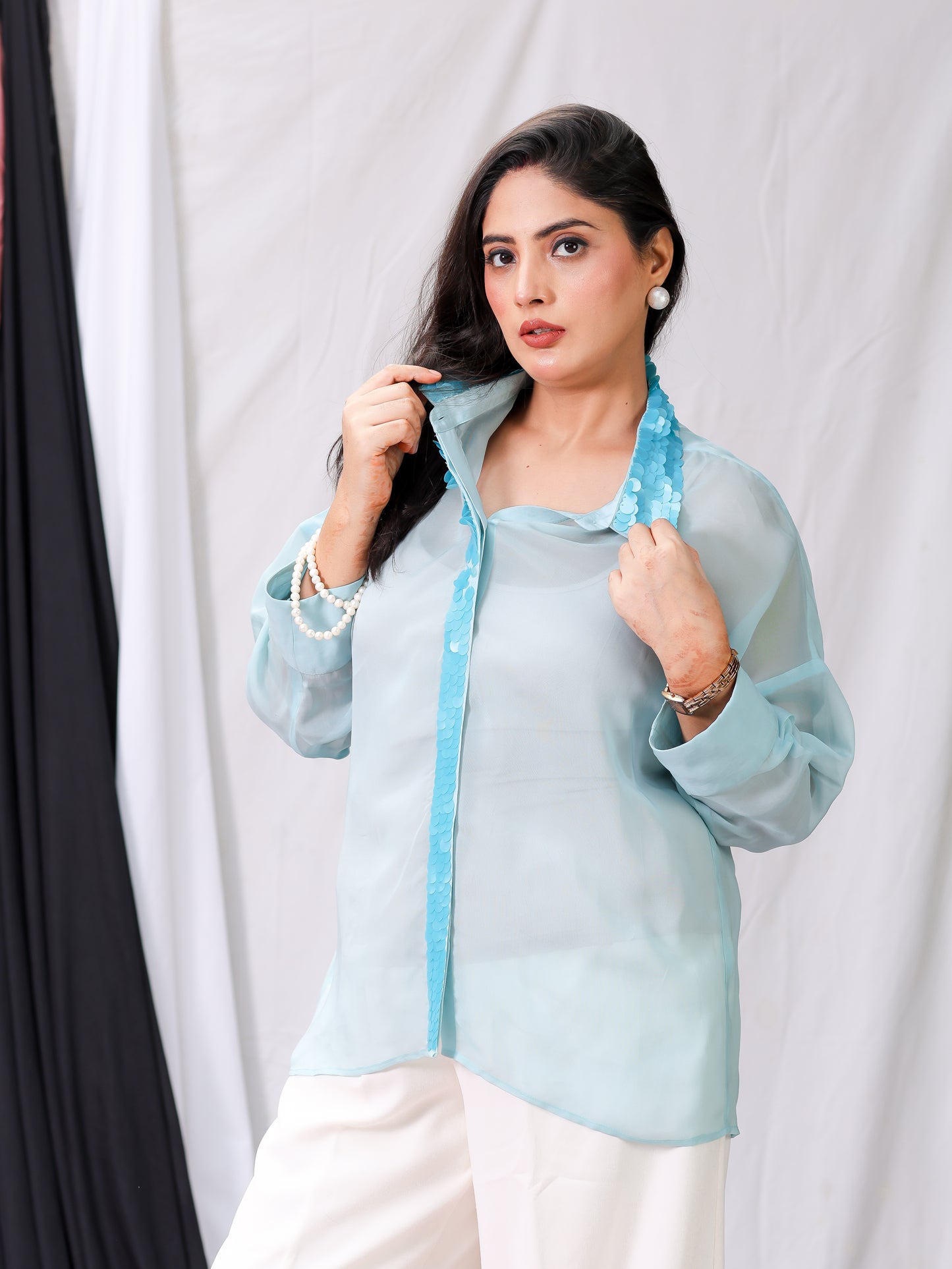 Sea Blue Embroidered Shirt