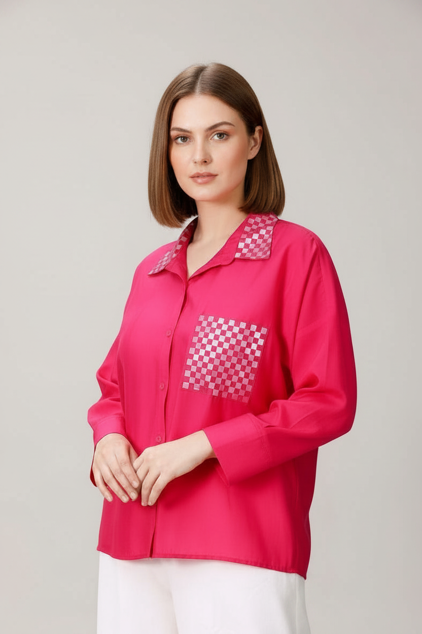 Fuchsia Cotton Silk Mirror Embroidered Oversized Shirt