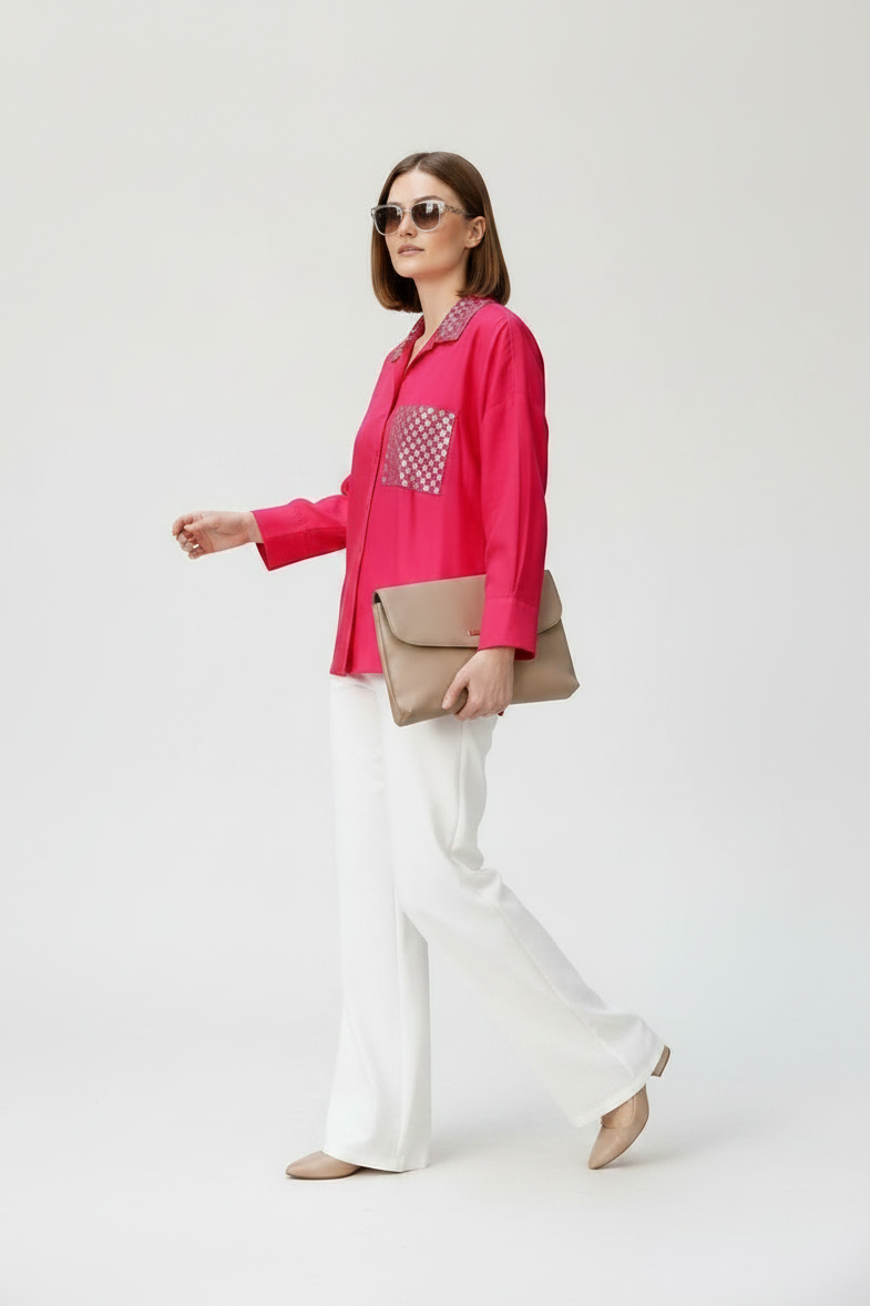 Fuchsia Cotton Silk Mirror Embroidered Oversized Shirt