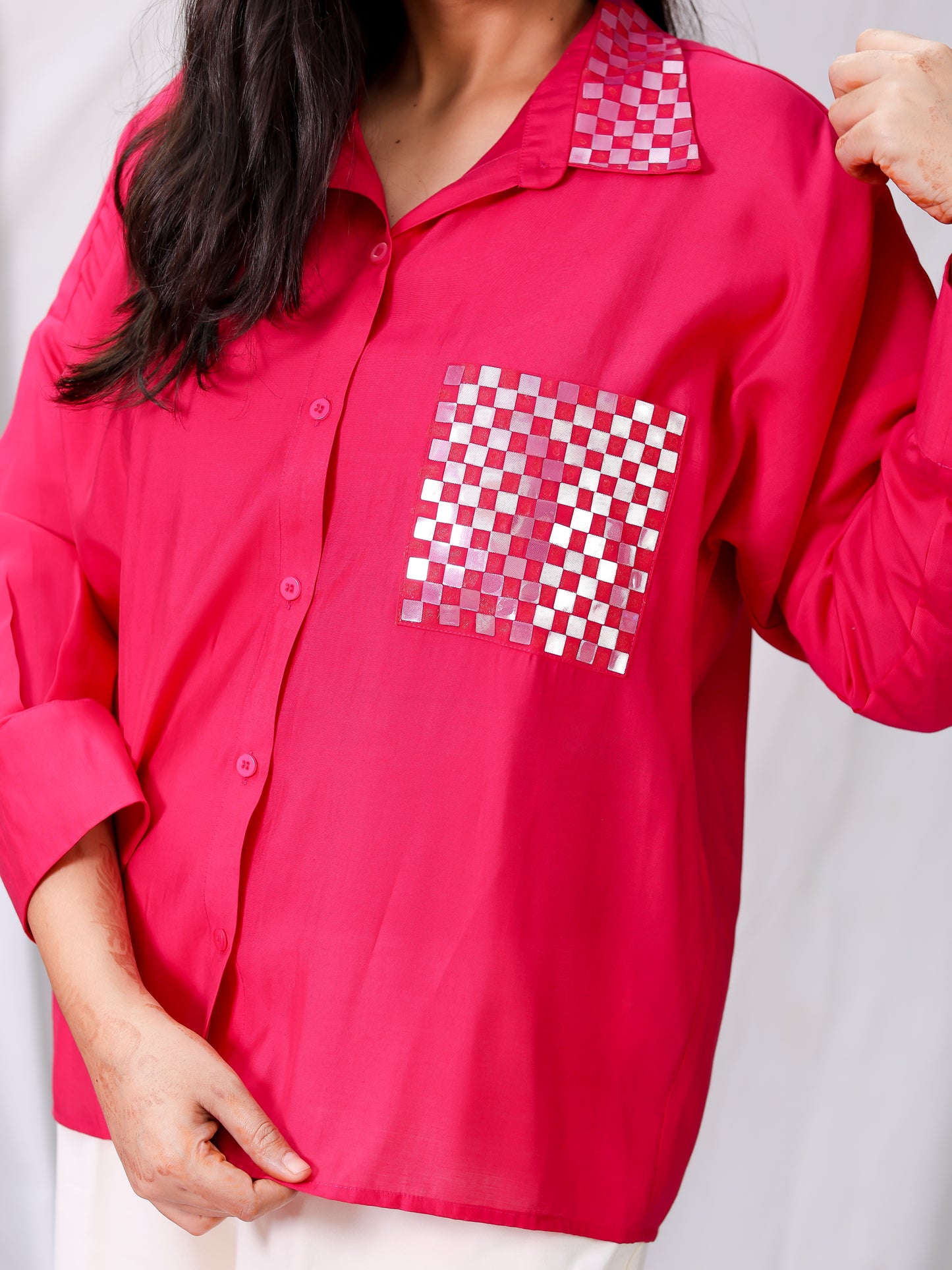 Fuchsia Cotton Silk Mirror Embroidered Oversized Shirt