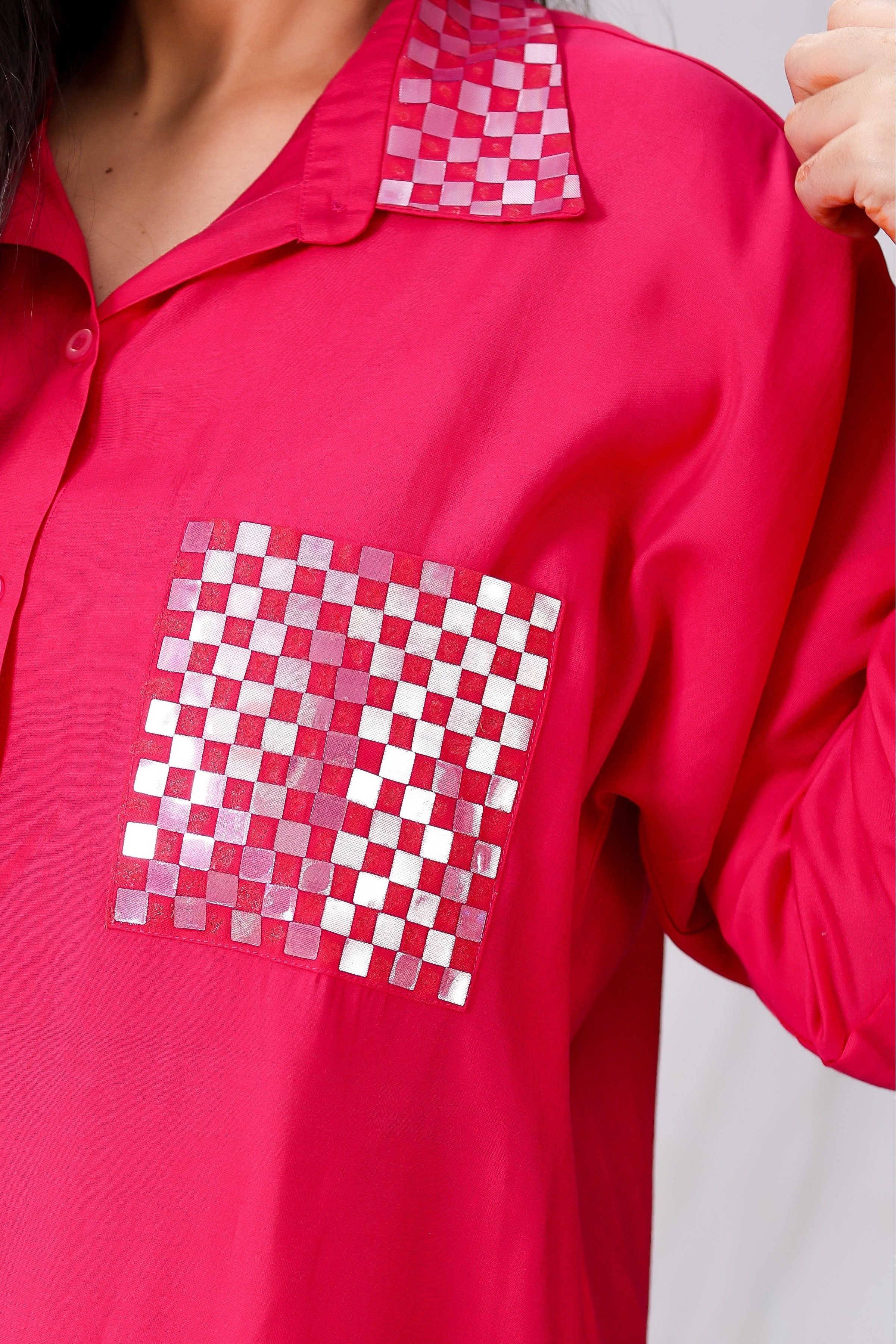Fuchsia Cotton Silk Mirror Embroidered Oversized Shirt