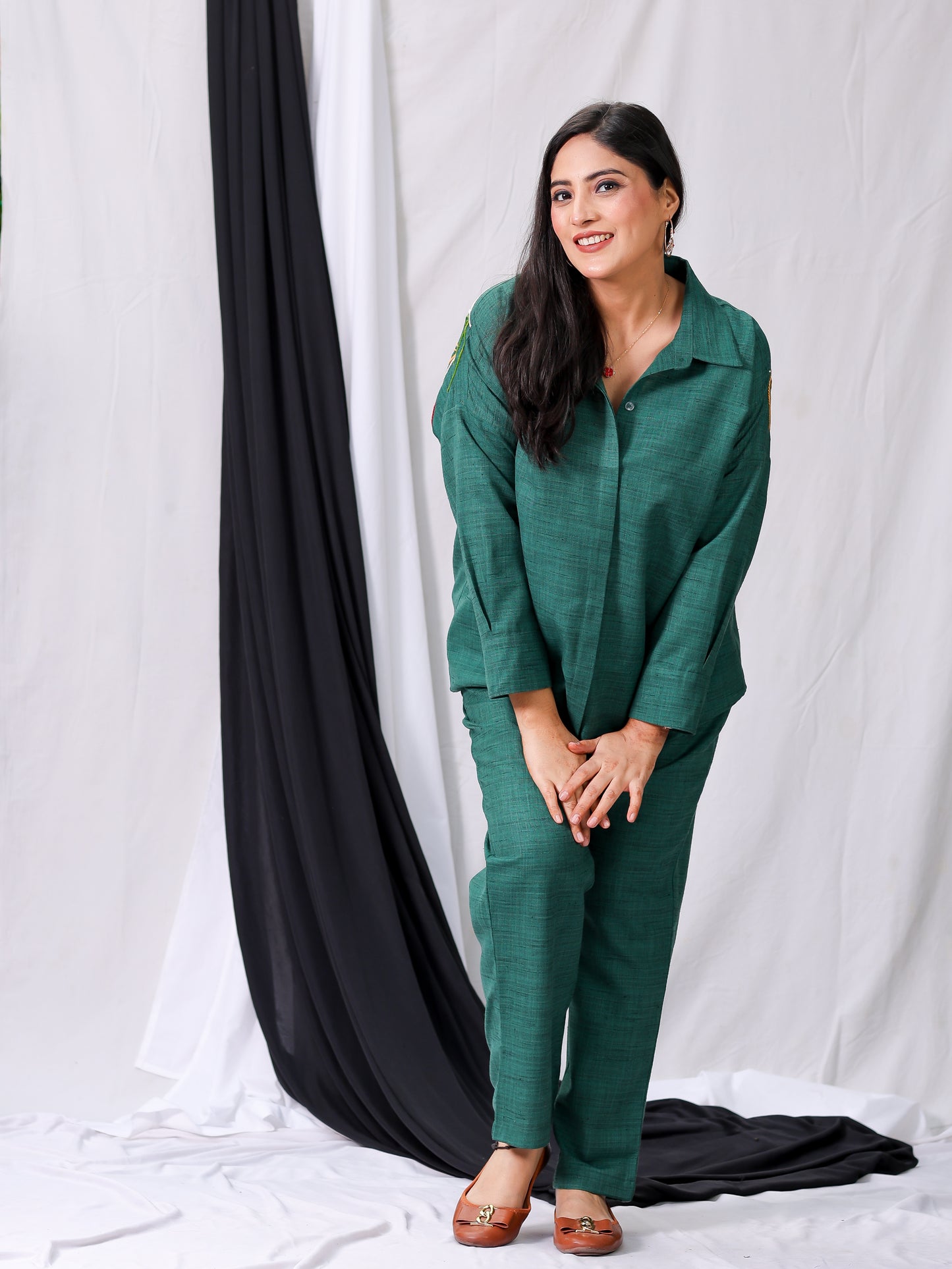 Olive Green Matka Silk Hand-Embroidered Co-ord Set