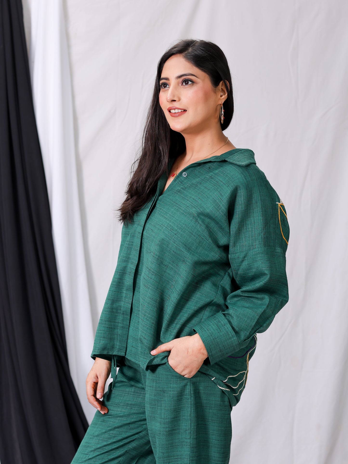 Olive Green Matka Silk Hand-Embroidered Co-ord Set