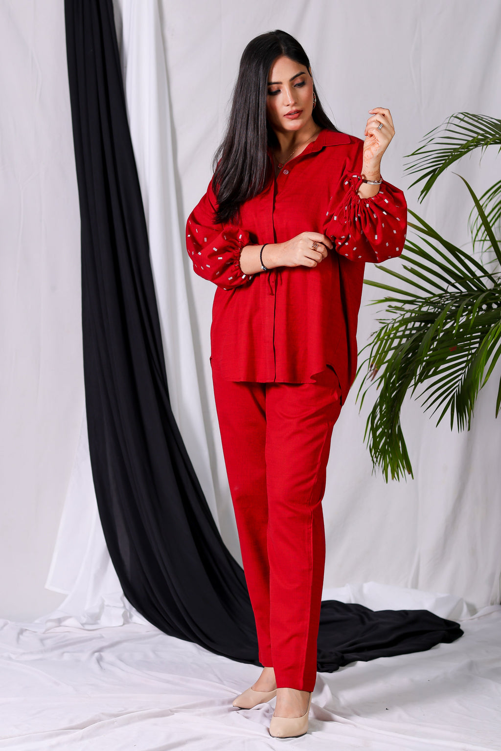 Cherry Red Embroidered Balloon Sleeve Shirt