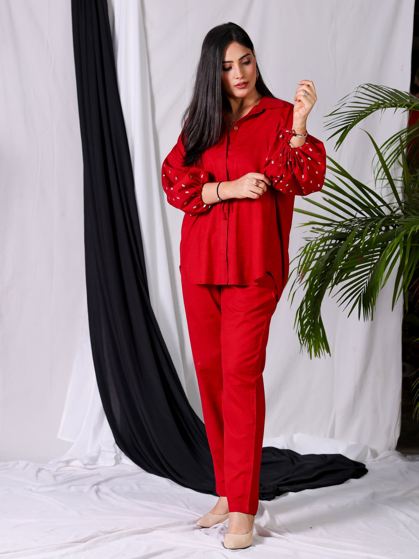 Cherry Red Embroidered Balloon Sleeve Shirt