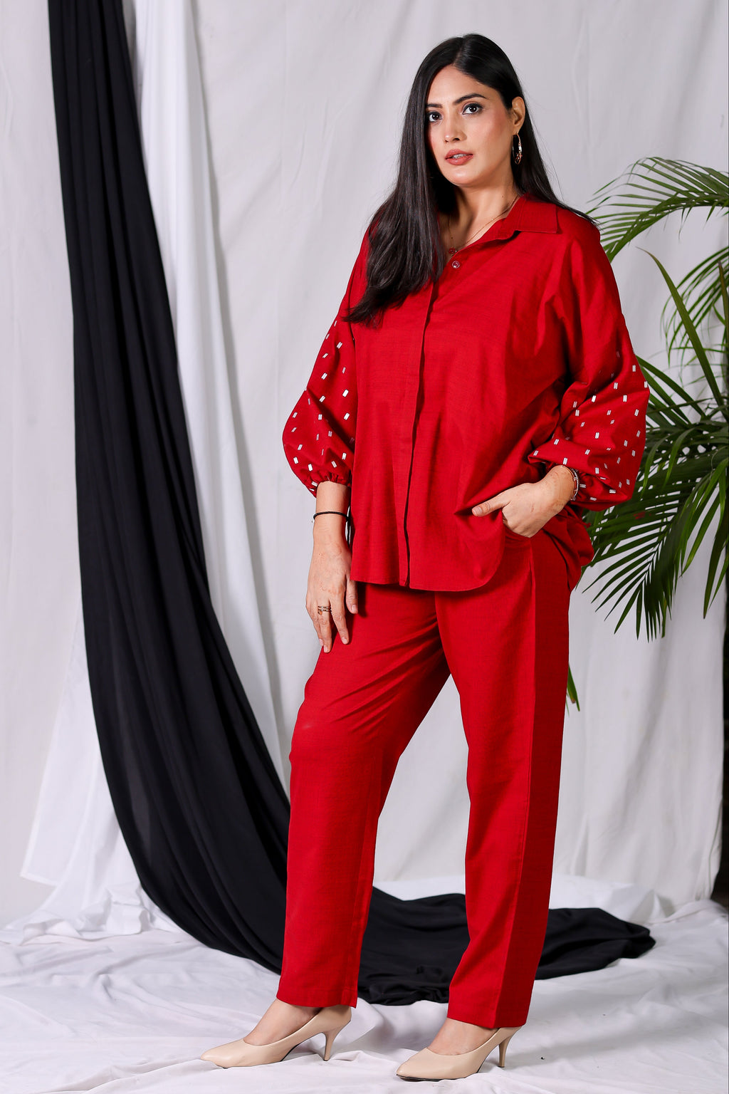 Cherry Red Embroidered Balloon Sleeve Shirt
