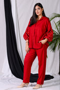 Cherry Red Embroidered Balloon Sleeve Shirt