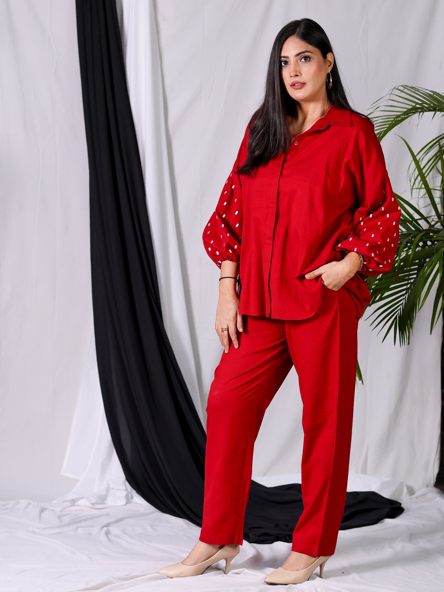 Cherry Red Embroidered Balloon Sleeve Shirt