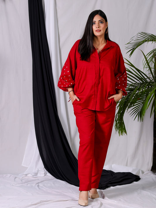 Cherry Red Embroidered Balloon Sleeve Shirt
