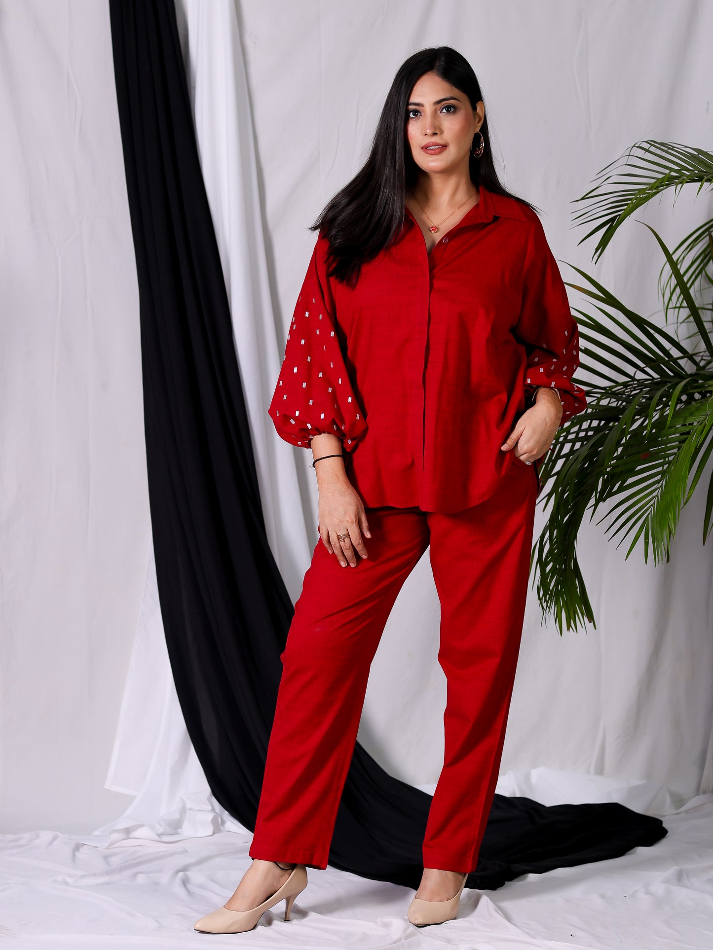 Cherry Red Embroidered Balloon Sleeve Shirt