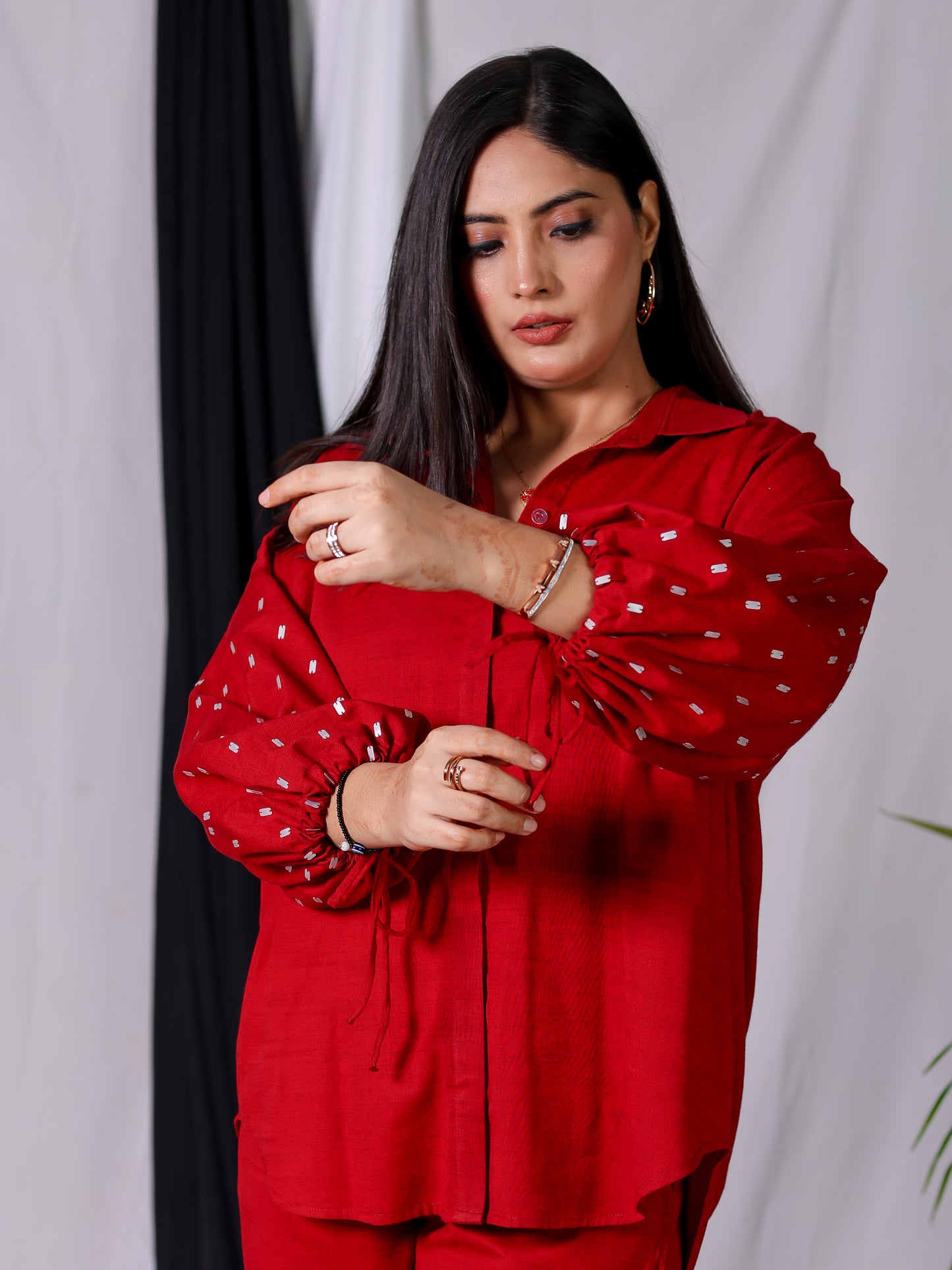 Cherry Red Embroidered Balloon Sleeve Shirt