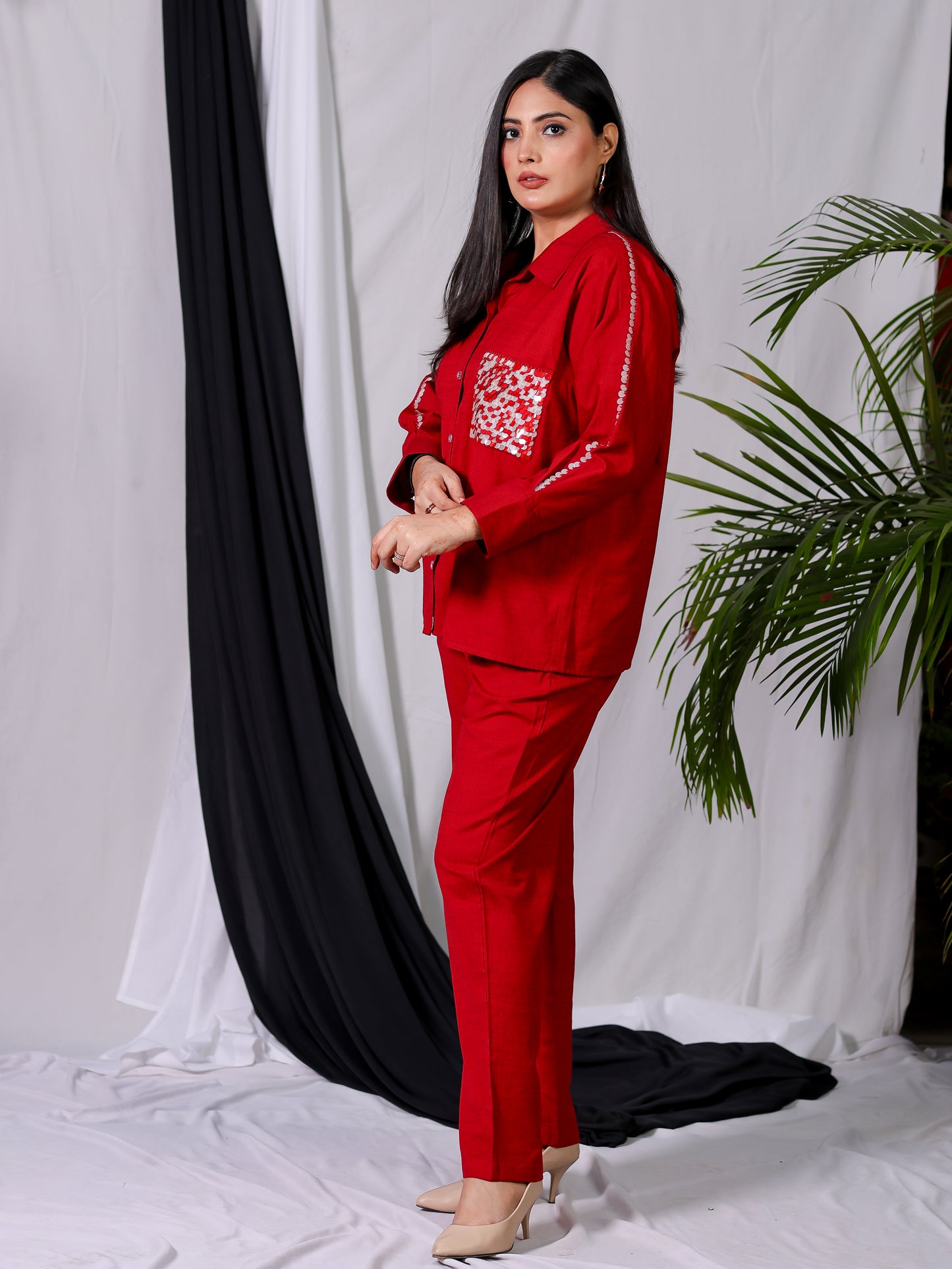 Cherry Red Hand-Embroidered Co-ord Set