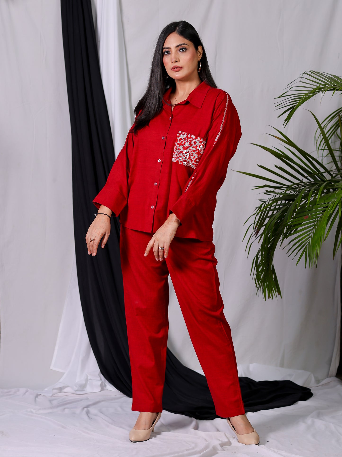 Cherry Red Hand-Embroidered Co-ord Set