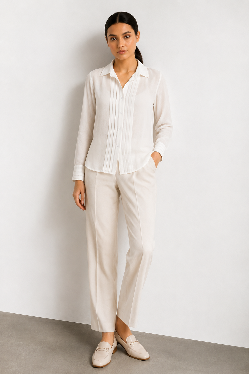 Ivory Silk Box Pleat Shirt