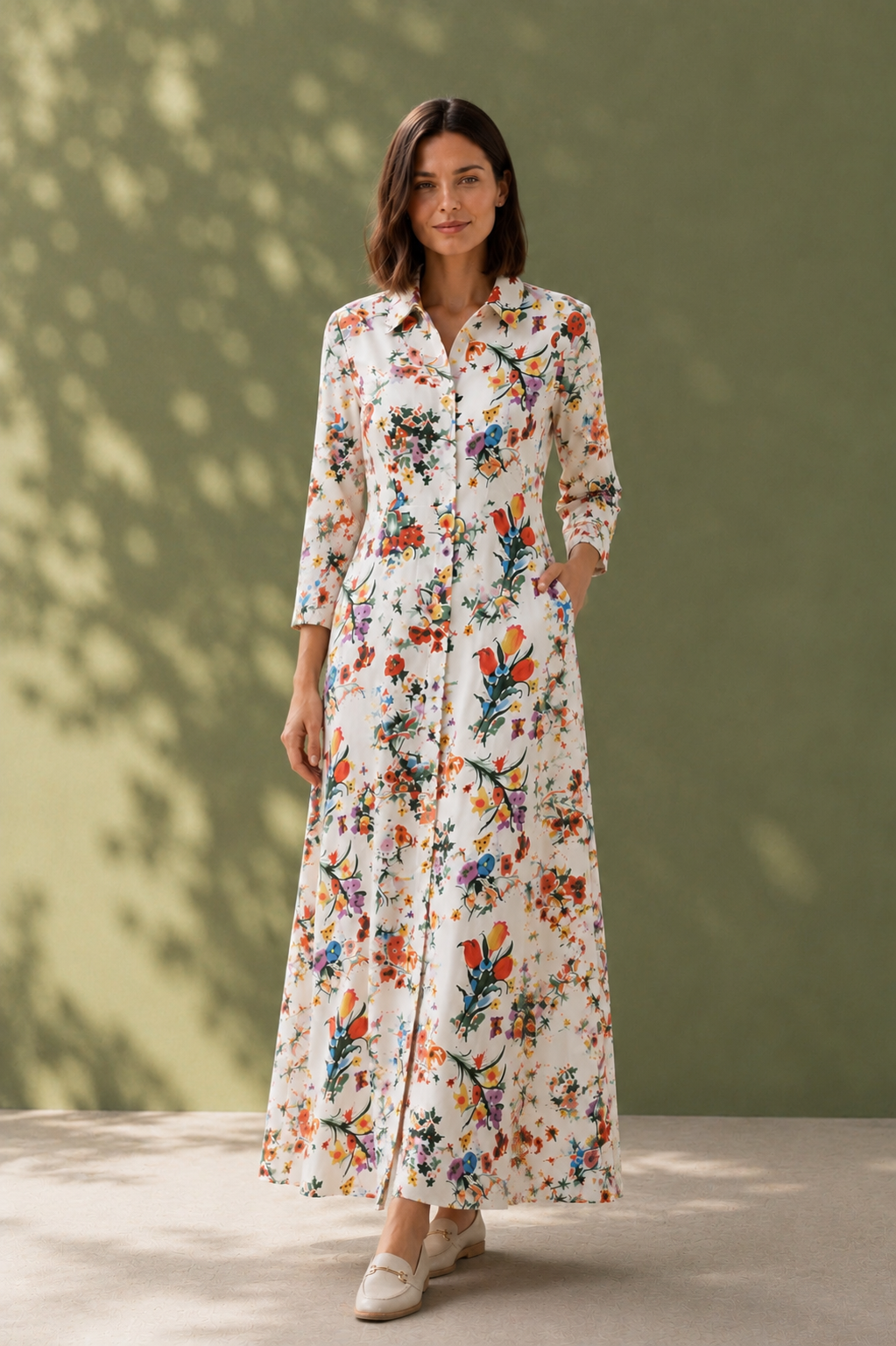 A woman stands outdoors against a muted green wall with soft leaf shadows, wearing a long-sleeve white maxi shirt dress covered in a colorful floral and bird print. The dress has a button front, collar, and side pockets, paired with light beige shoes.