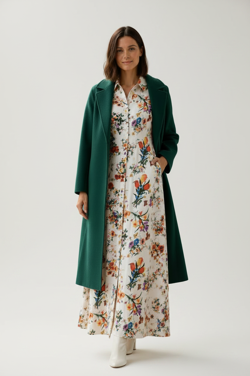 A woman stands against a light gray studio background wearing a long dark green coat over a cream floral midi dress with white ankle boots.
