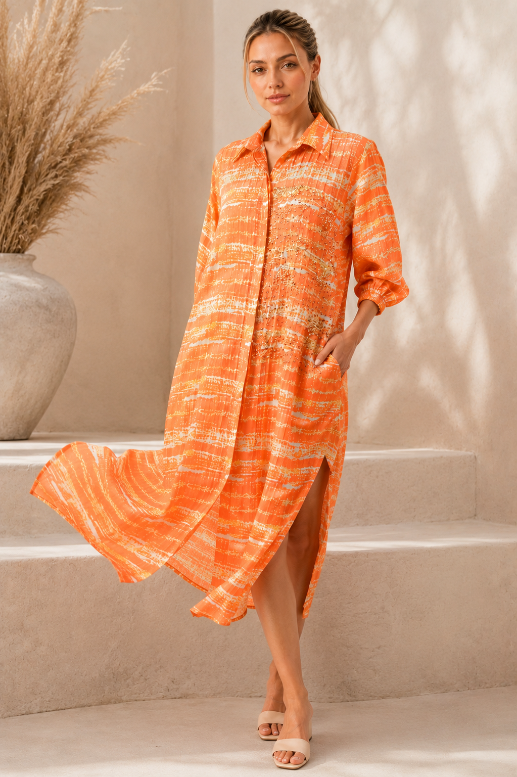 Hand-Embellished Cotton Midi Shirt Dress