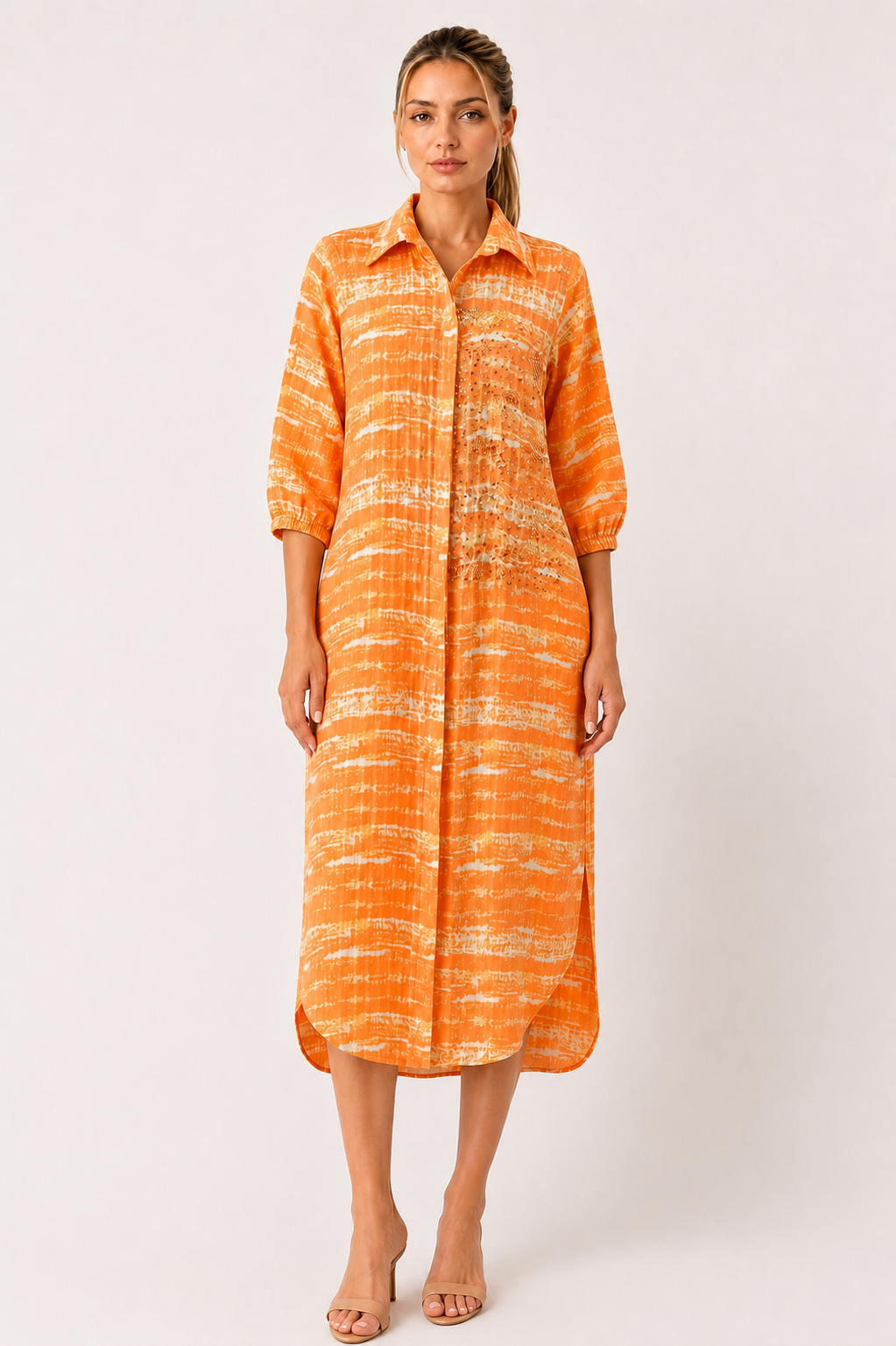 Hand-Embellished Cotton Midi Shirt Dress