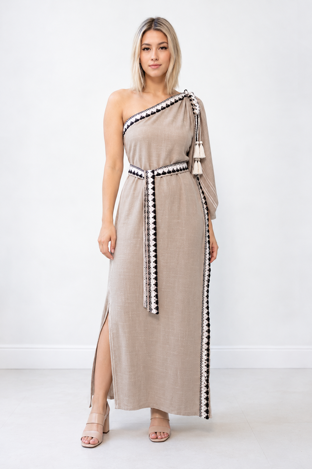 Taupe One-Shoulder Dresstan | Khaadi Cotton