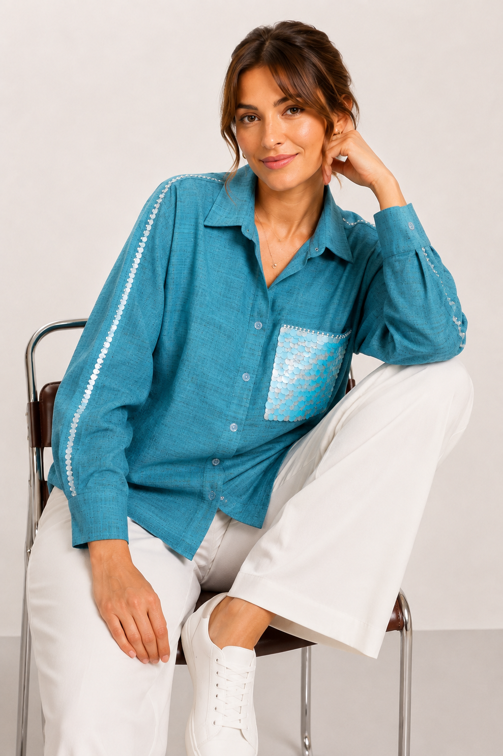 Rusty Teal Blue Silk Oversized Shirt