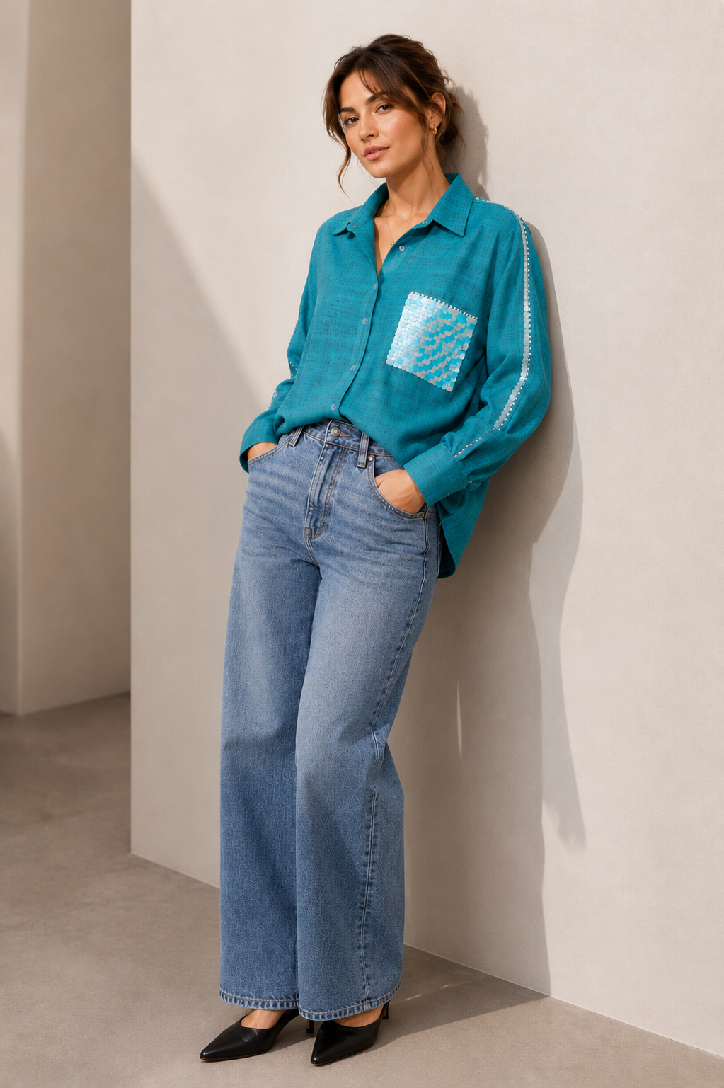 Rusty Teal Blue Silk Oversized Shirt