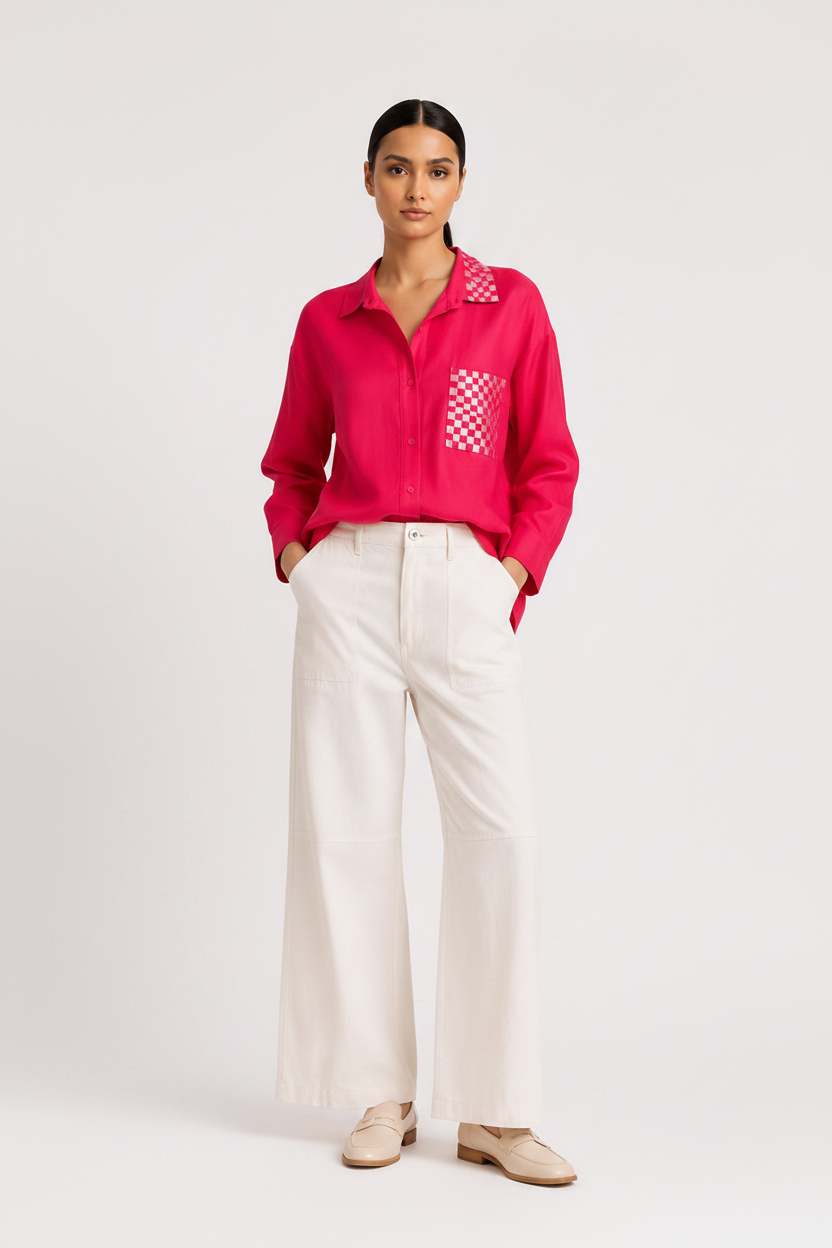 A woman modeling a bright pink long-sleeve button-up shirt with a white and pink checkered pattern on the collar and chest pocket, paired with wide-leg cream trousers and beige loafers, against a plain white studio background.