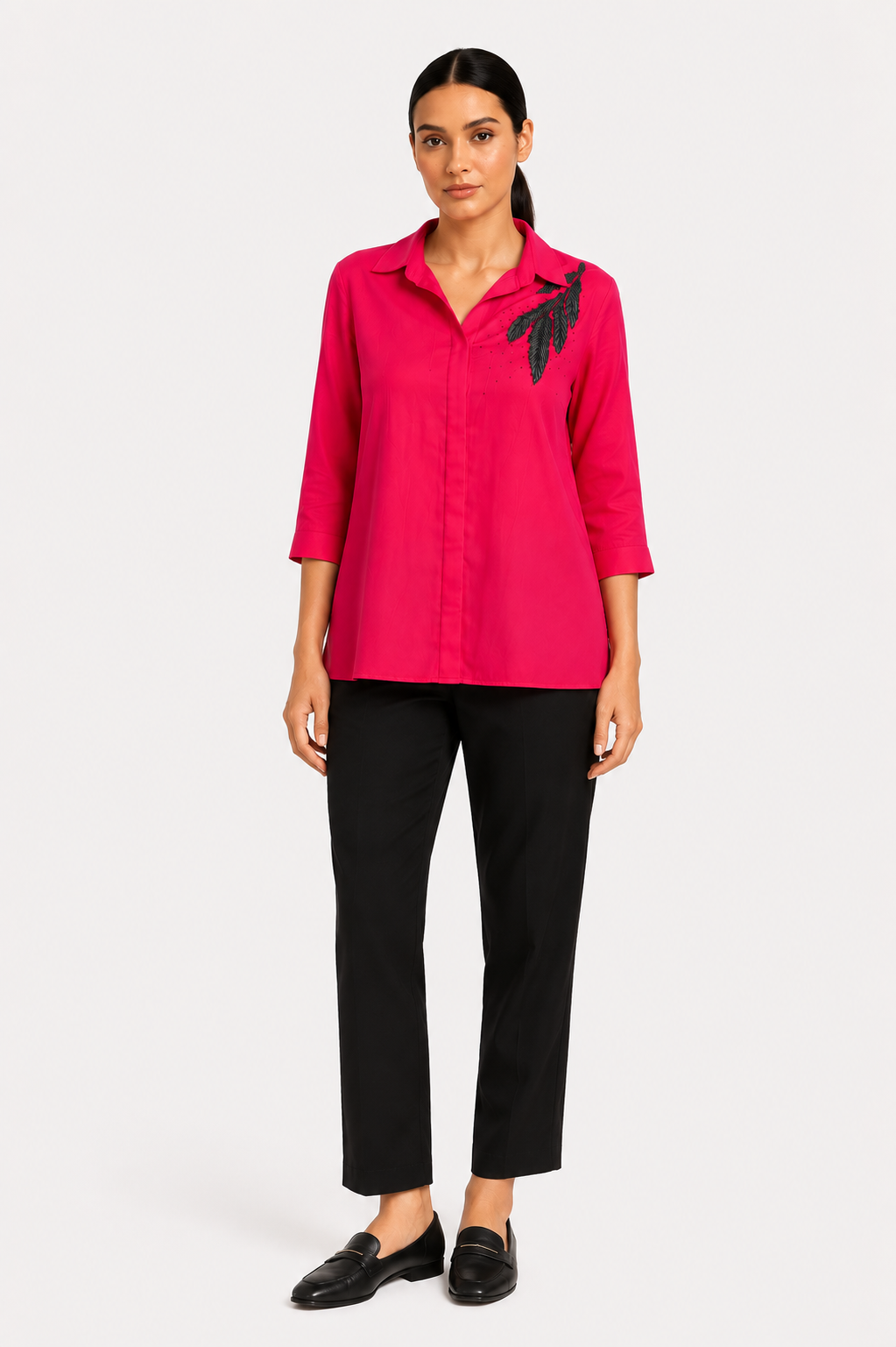 Fuchsia 2-Tone Silk Beaded Classic Collar Shirt