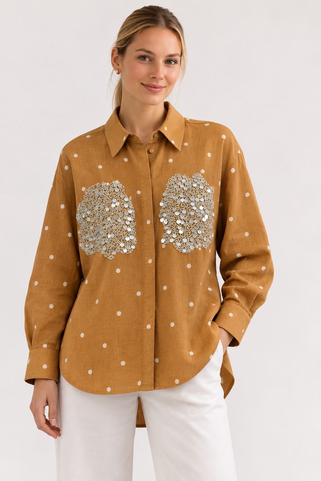 Camel polka dot sequins shirt