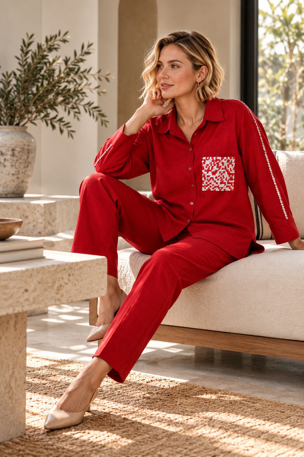 Cherry Red Hand-Embroidered Co-ord Set