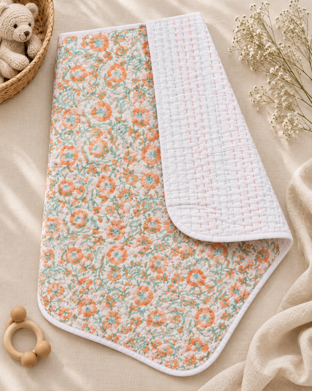 A baby blanket with a peach and mint green floral pattern, folded to show its white textured reverse side, styled on a beige fabric surface with a wooden toy, dried flowers, and a teddy bear.