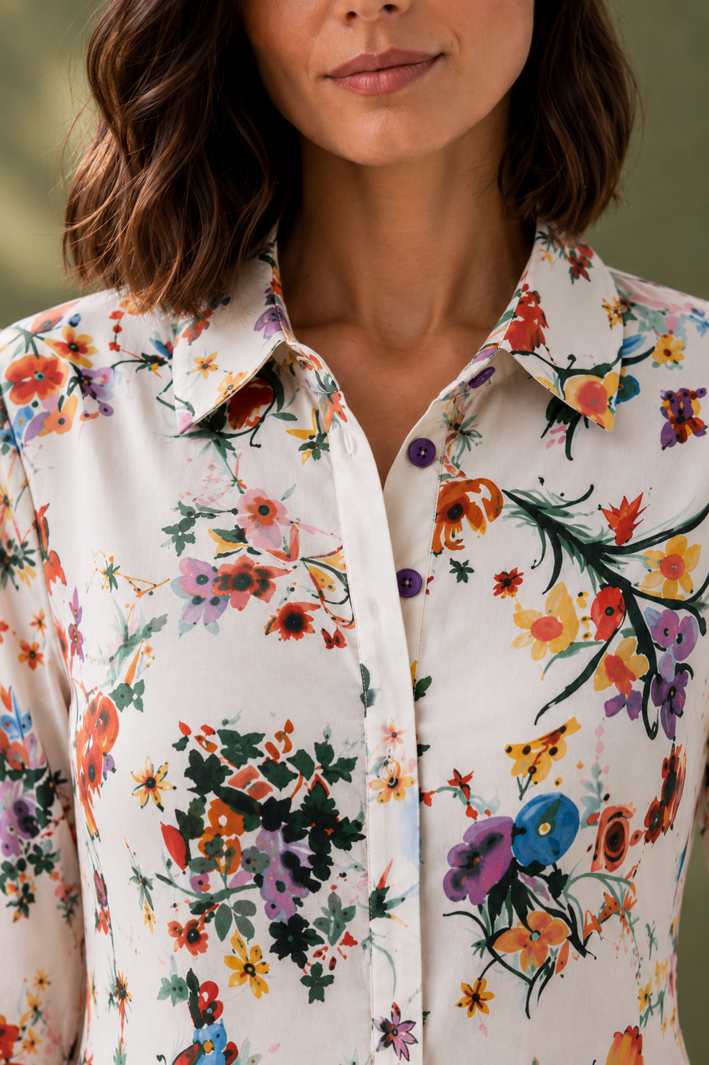 A close-up of a woman wearing a white button-up shirt with a vibrant, multicolored floral print. The print features orange, purple, blue, green, and yellow flowers with green leaves.