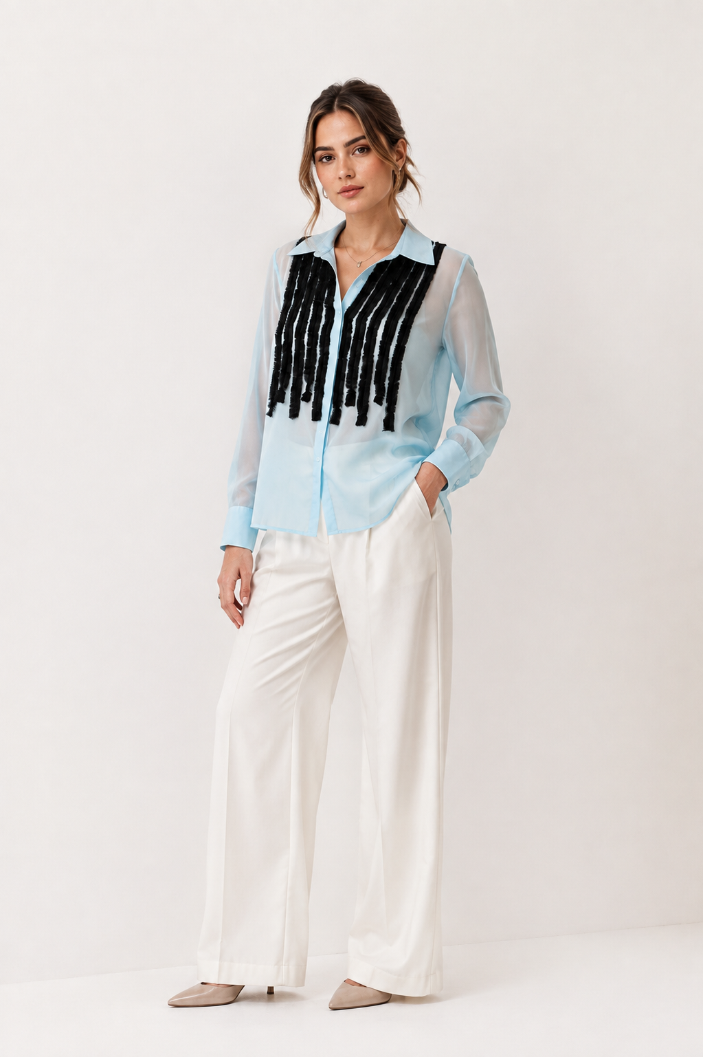 Sea Blue Organza Frill Shirt