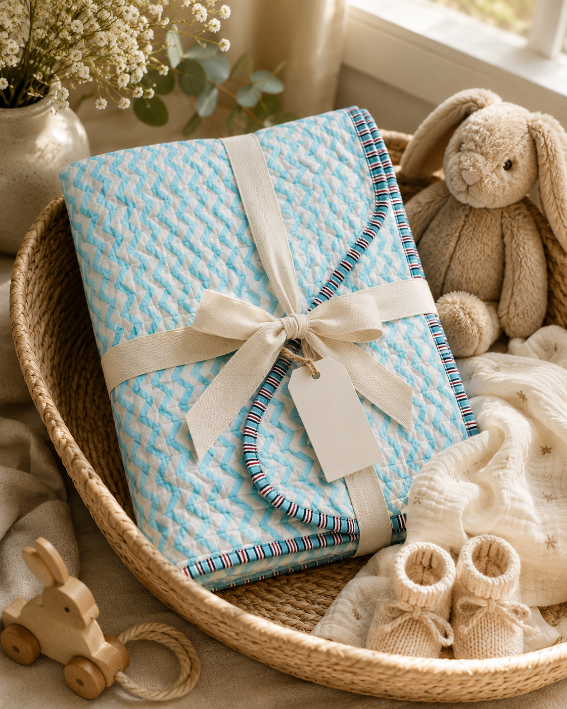 A light blue and white patterned quilted blanket wrapped in a cream ribbon with a bow and hanging tag, styled in a woven basket with baby accessories including a stuffed bunny, knit booties, and a wooden toy.