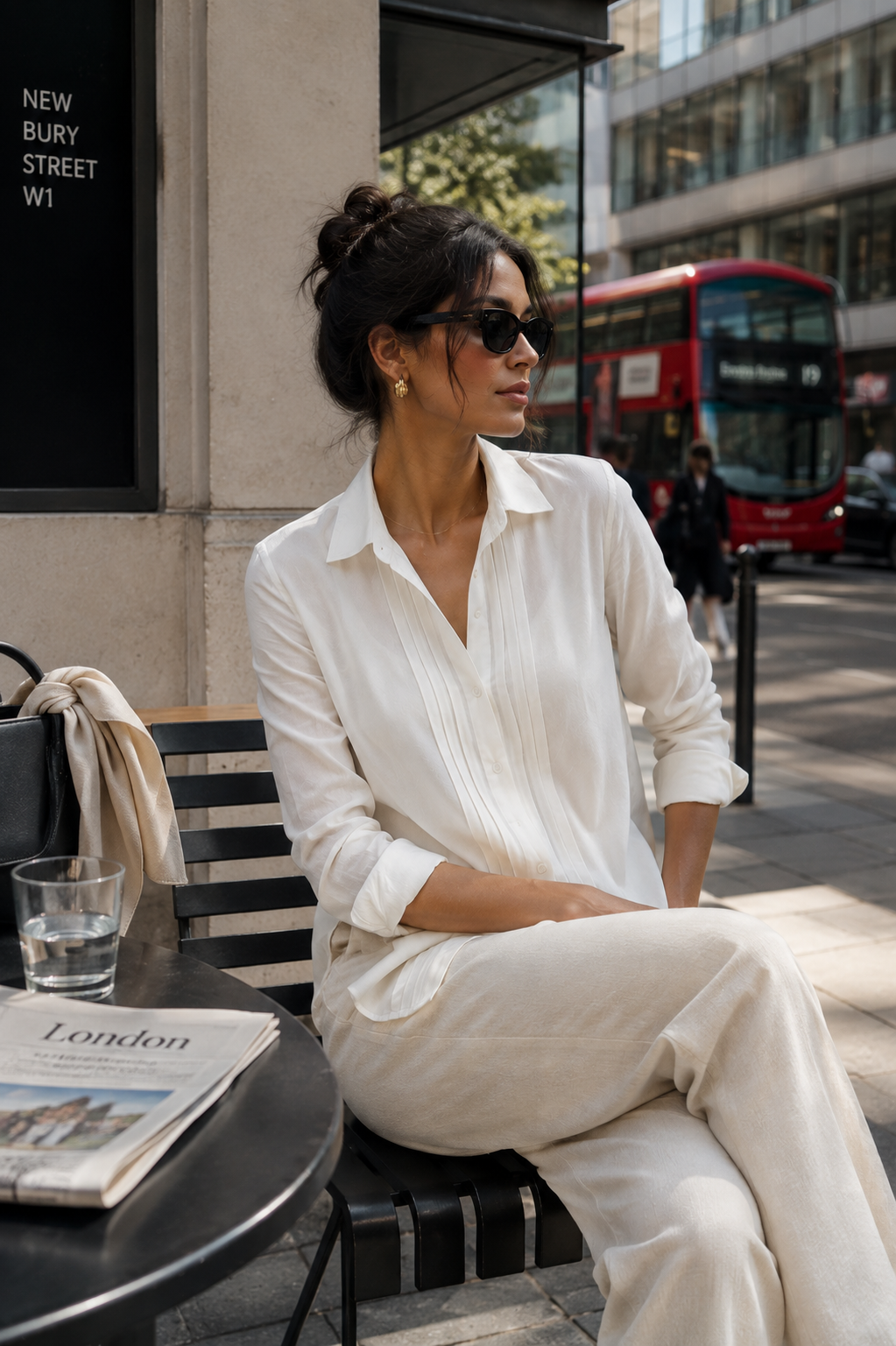 A woman wearing a white long-sleeve collared shirt and matching white trousers sits on a black outdoor cafe chair in a city setting. A red double-decker bus is visible in the background, along with a table holding a newspaper and a glass of water.