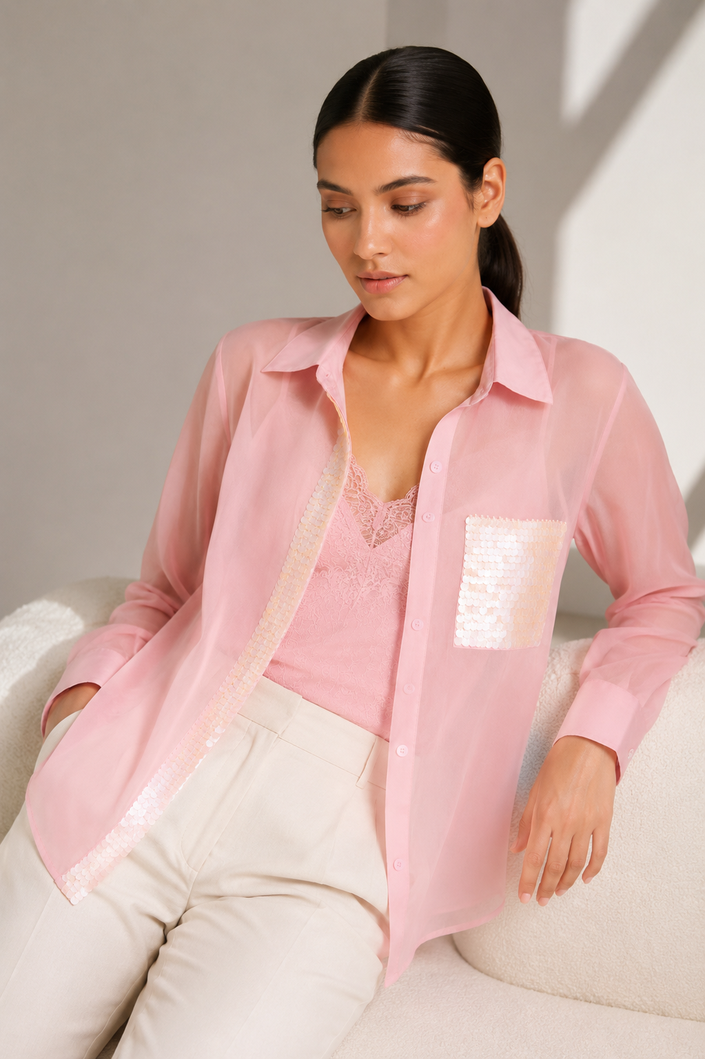 Rose Pink Organza Sequined Shirt