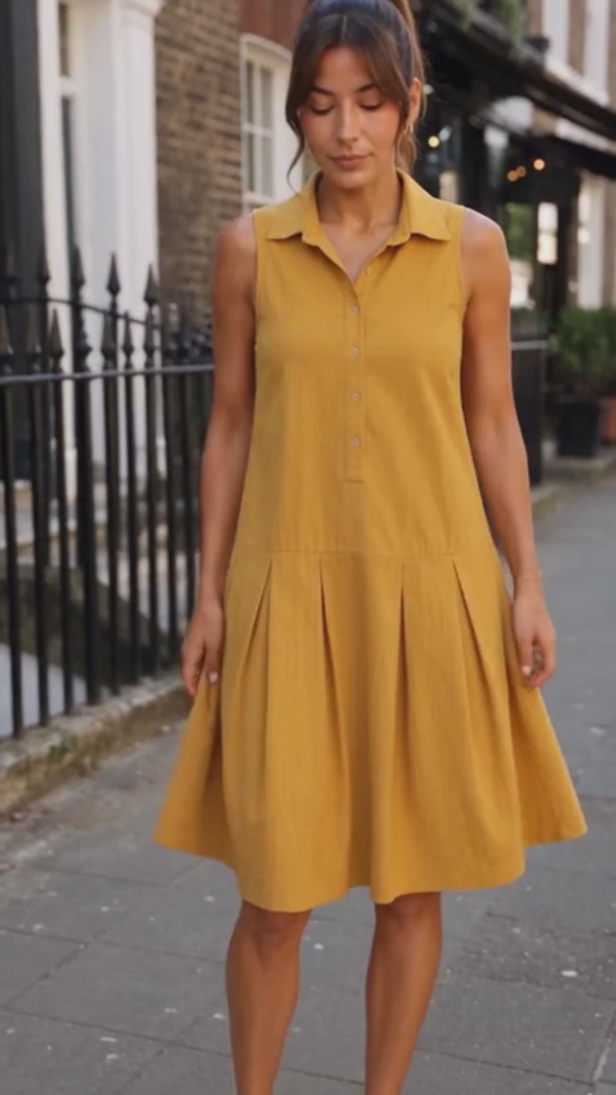 Mustard Yellow Pleated Cotton Dress