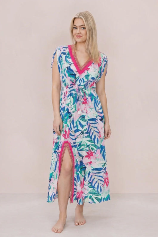 Tropical Whimsy Midi Dresstan | Cotton-Linen Print