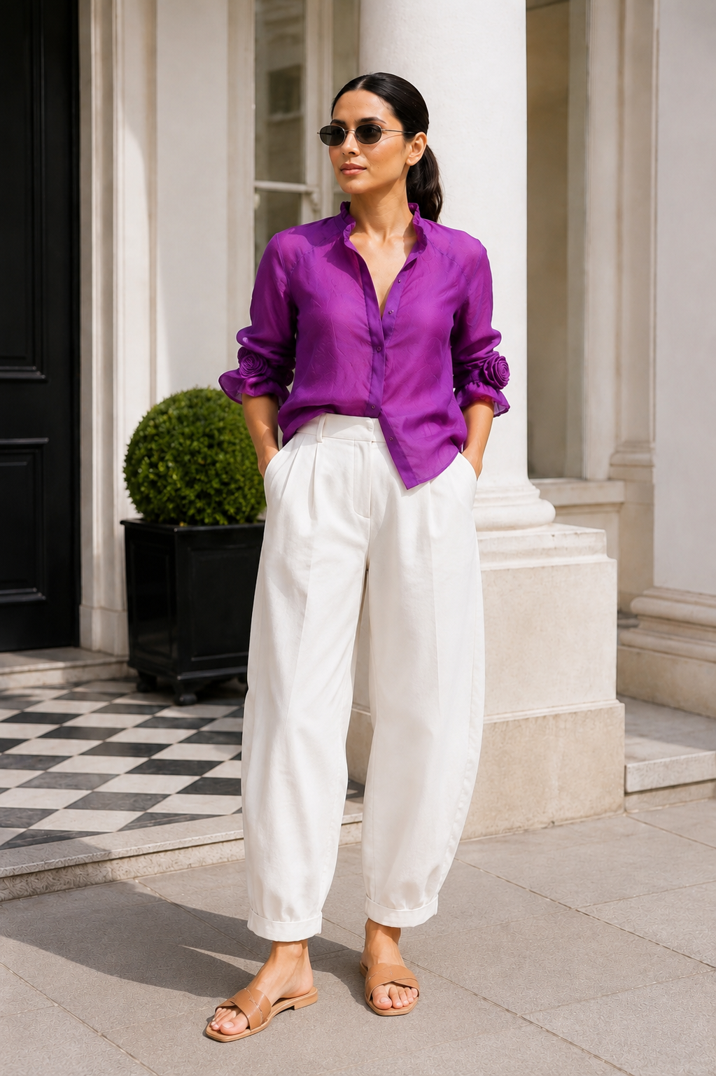 Purple Silk Chinese Collar Shirt