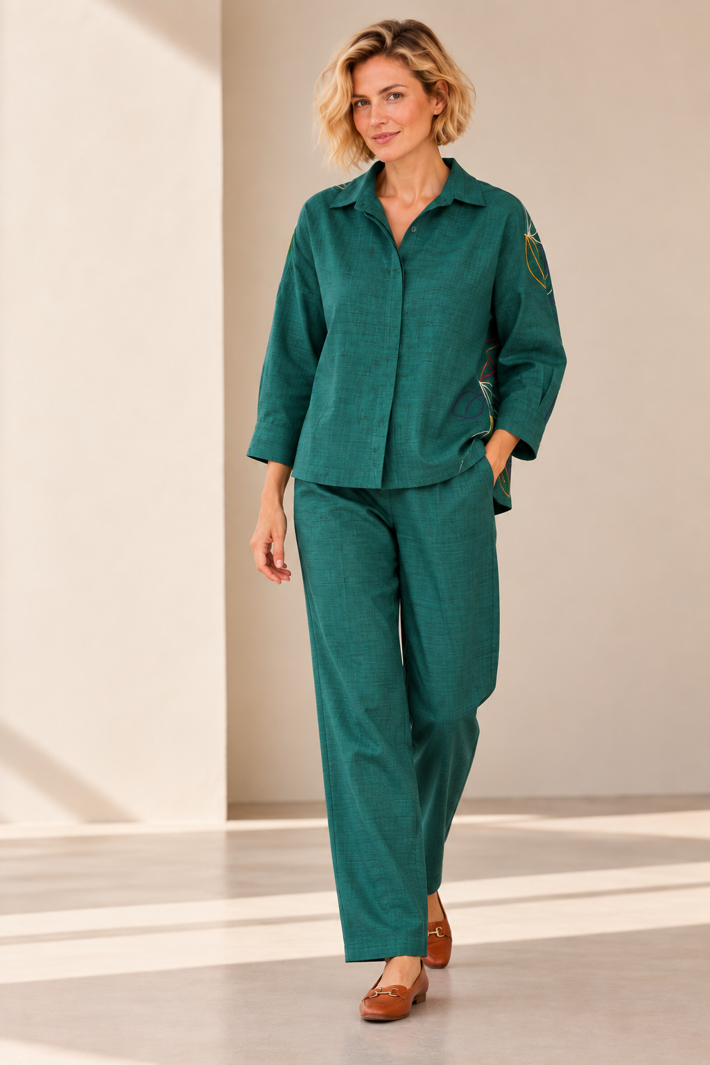 Teal Green Embroidered Silk Co-Ord Set