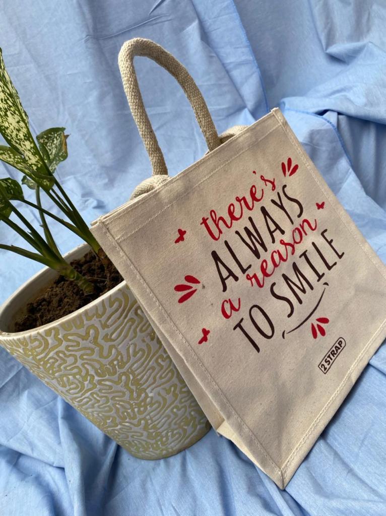 Sustainable  and Reusable Smile Burlap Handbag